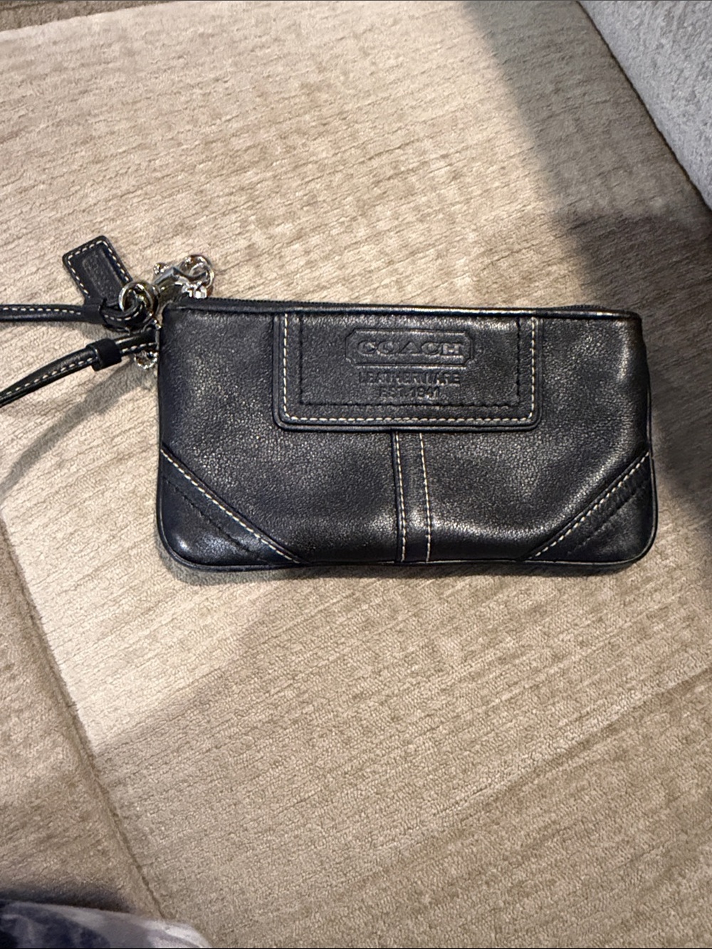 Coach Black Leather Zip Wristlet with Contrast Stitching